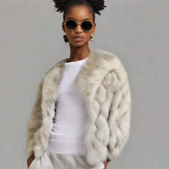 Natural Blue Stripped Fox Jacket with Leather Accent Panels, Size SM/Med - Picture 1 of 10